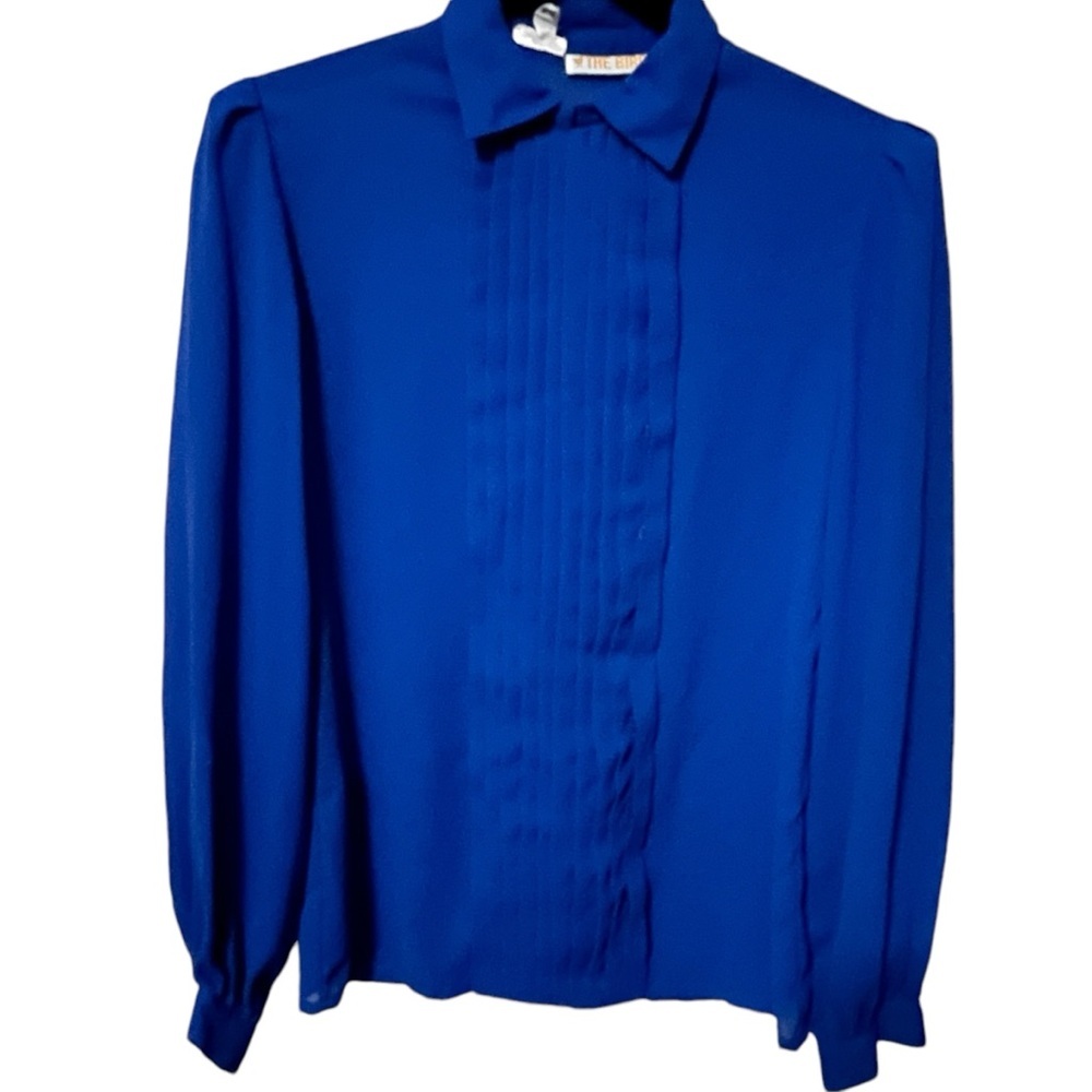 3/$30 VINTAGE 80S COBALT BLUE BLOUSE POINT COLLAR ASYMMETRICAL SECRETARY